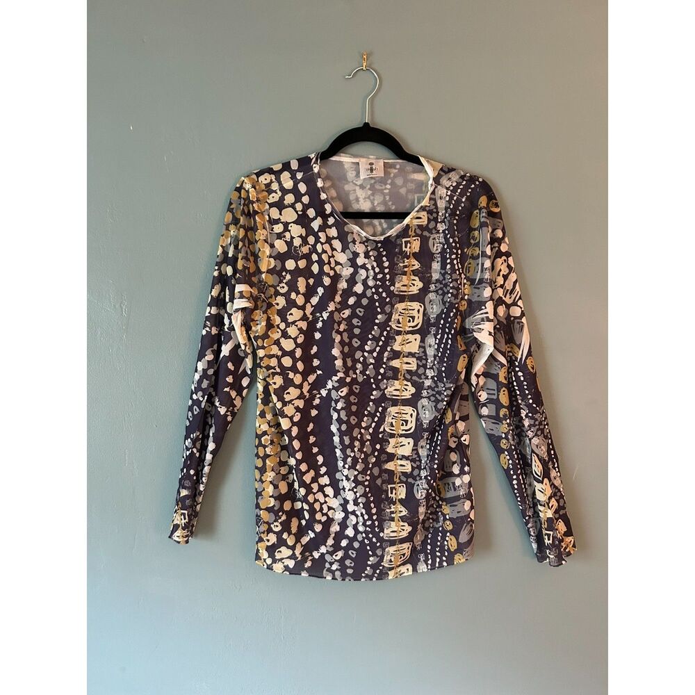 Inoah sheer women's printed mesh top blue/gold size large